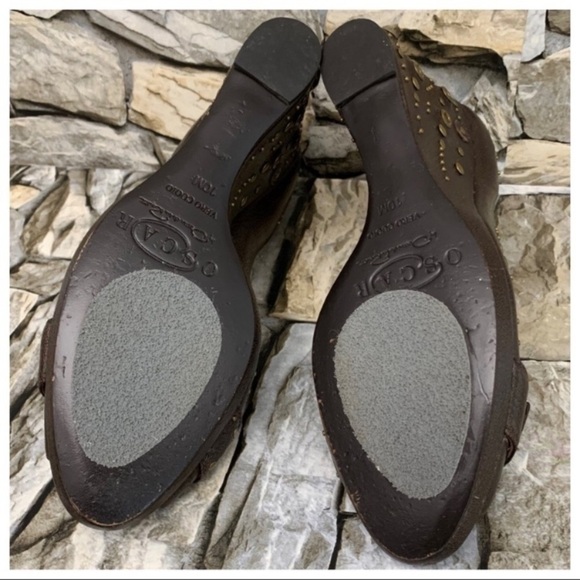 #10 Oscar de la Renta Tulah Bronze Grommet Rivet Stud Peep Toe Shoe Wedges Heels - Picture 9 of 10